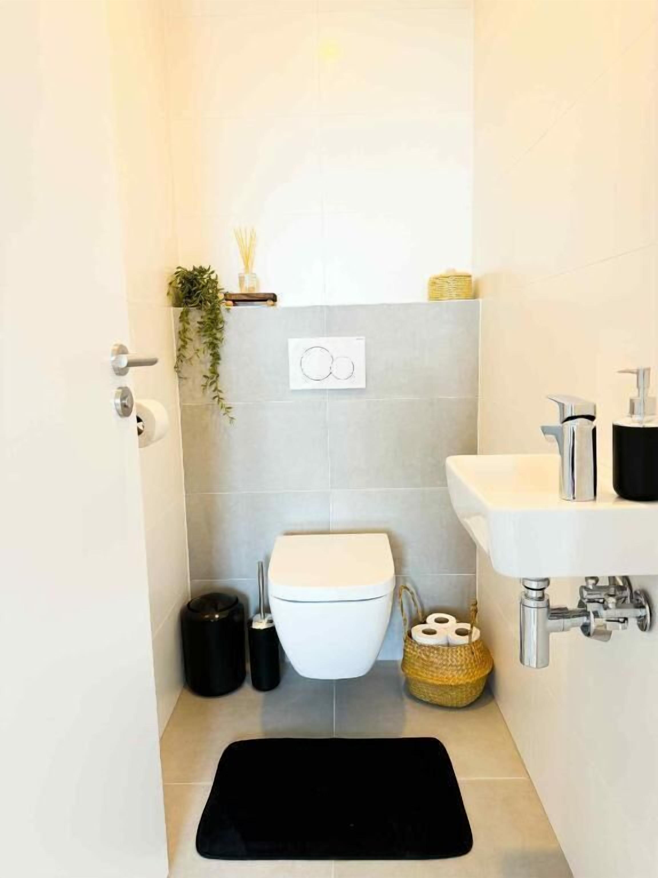 A small, modern bathroom with a toilet, sink, and a small plant on the wall.