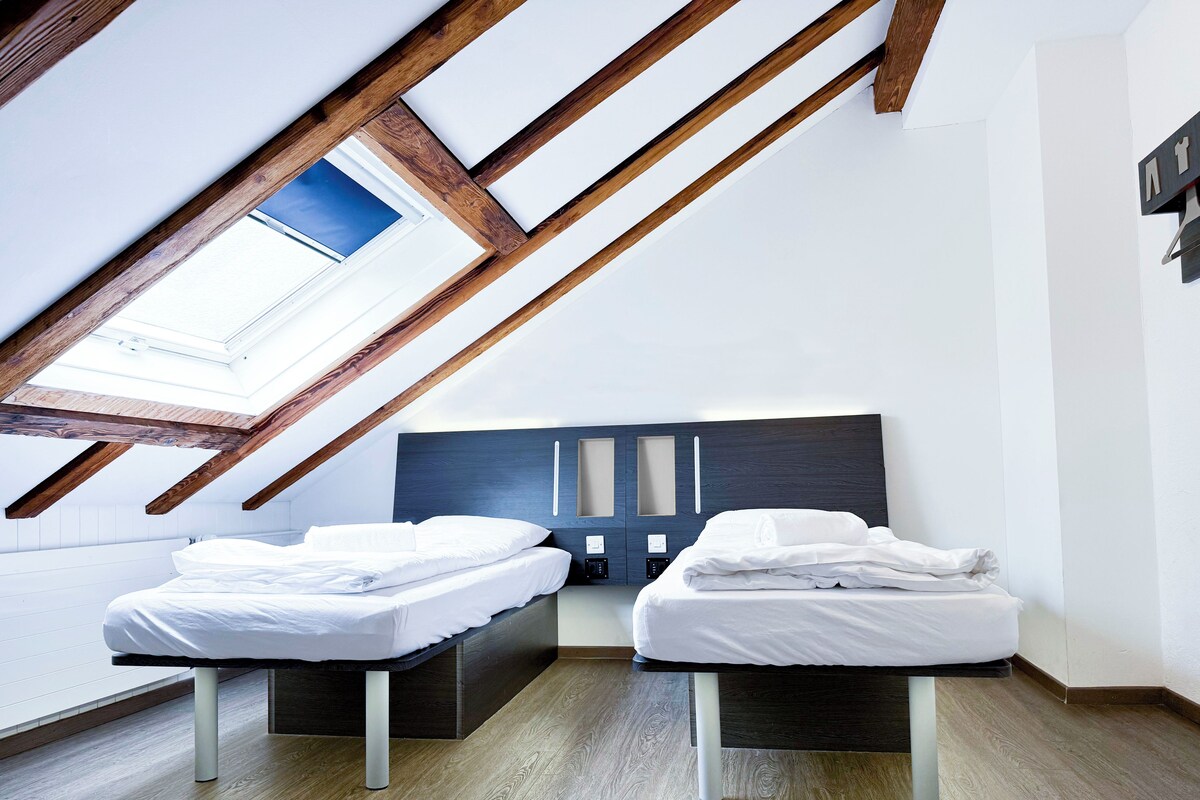 A bedroom with two beds, a skylight, and a modern design.