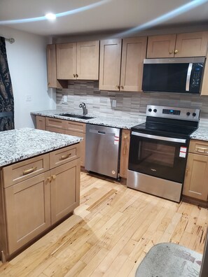 Een microgolfoven, een oven, een kookplaat, een vaatwasser