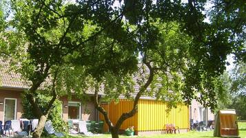 A backyard with a yellow shed, a tree, and outdoor furniture.