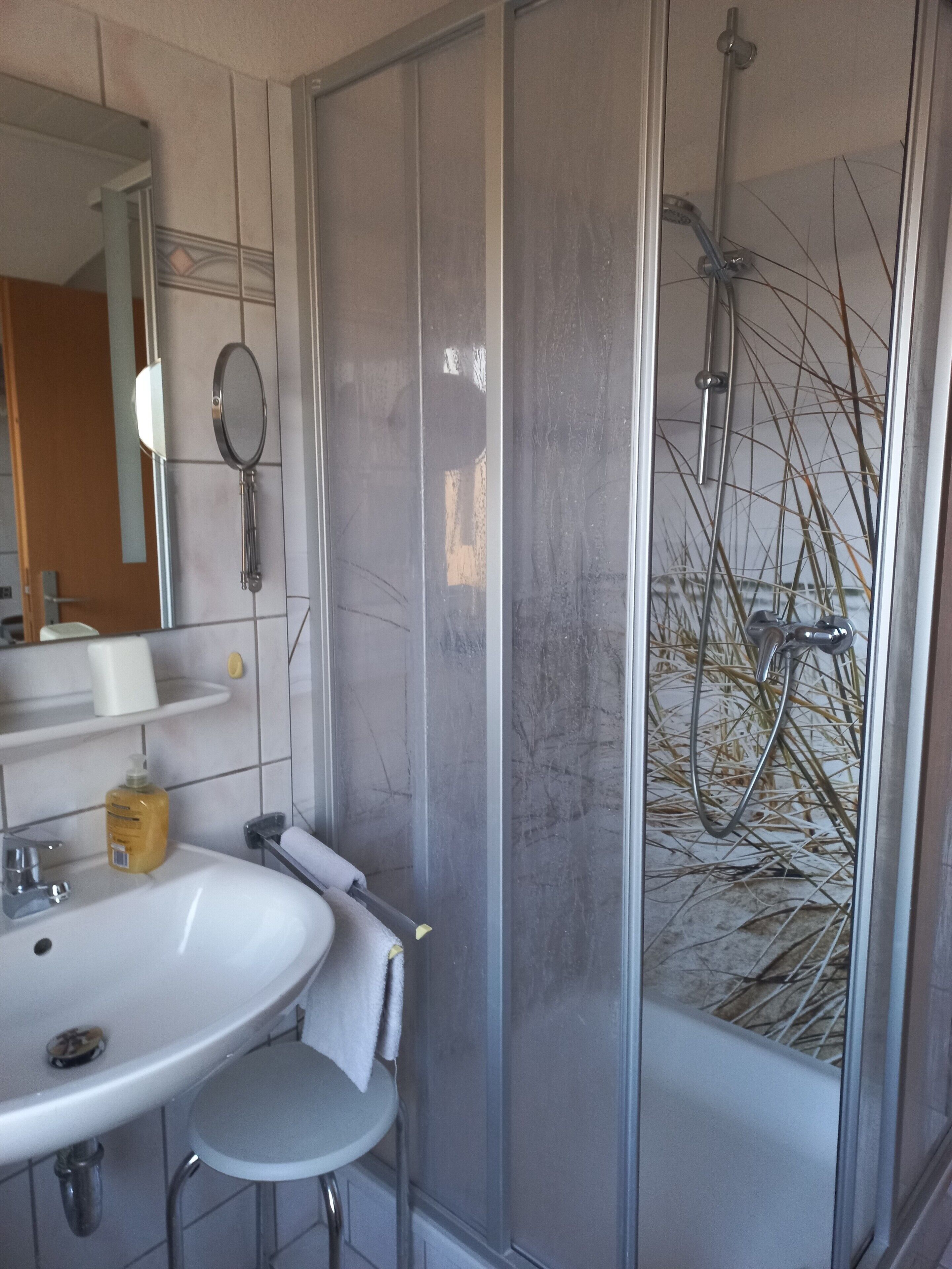 Shower, hair dryer, towels