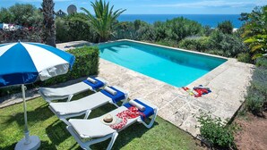 Une piscine à l’eau d’un bleu cristallin, entourée de chaises longues et d’un parasol, offrant une vue sur la mer et la végétation.