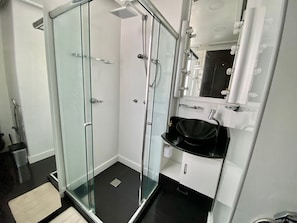 Hair dryer, towels, toilet paper
