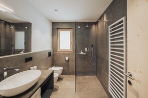 Shower, hair dryer - Apartment 'Huetterhof Apartement Huetter' with Mountain View, Private Terrace and Wi-Fi (Caines)