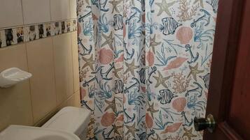 Shower, towels, soap, toilet paper