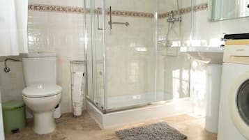 Shower, hair dryer, towels