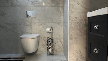 Shower, hair dryer, towels, toilet paper
