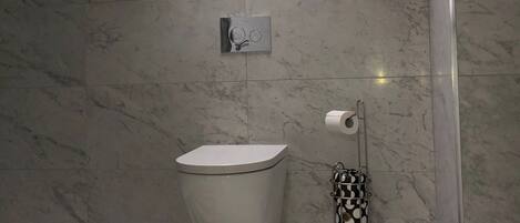 A bathroom with a skylight, a toilet, a marble floor, and a striped rug.