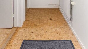 A narrow hallway with a wooden floor, a radiator, a fire extinguisher, and a door.