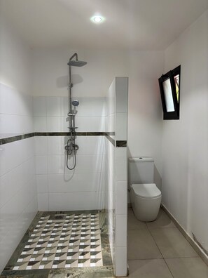 Regadera, toallas, jabón, papel de baño 