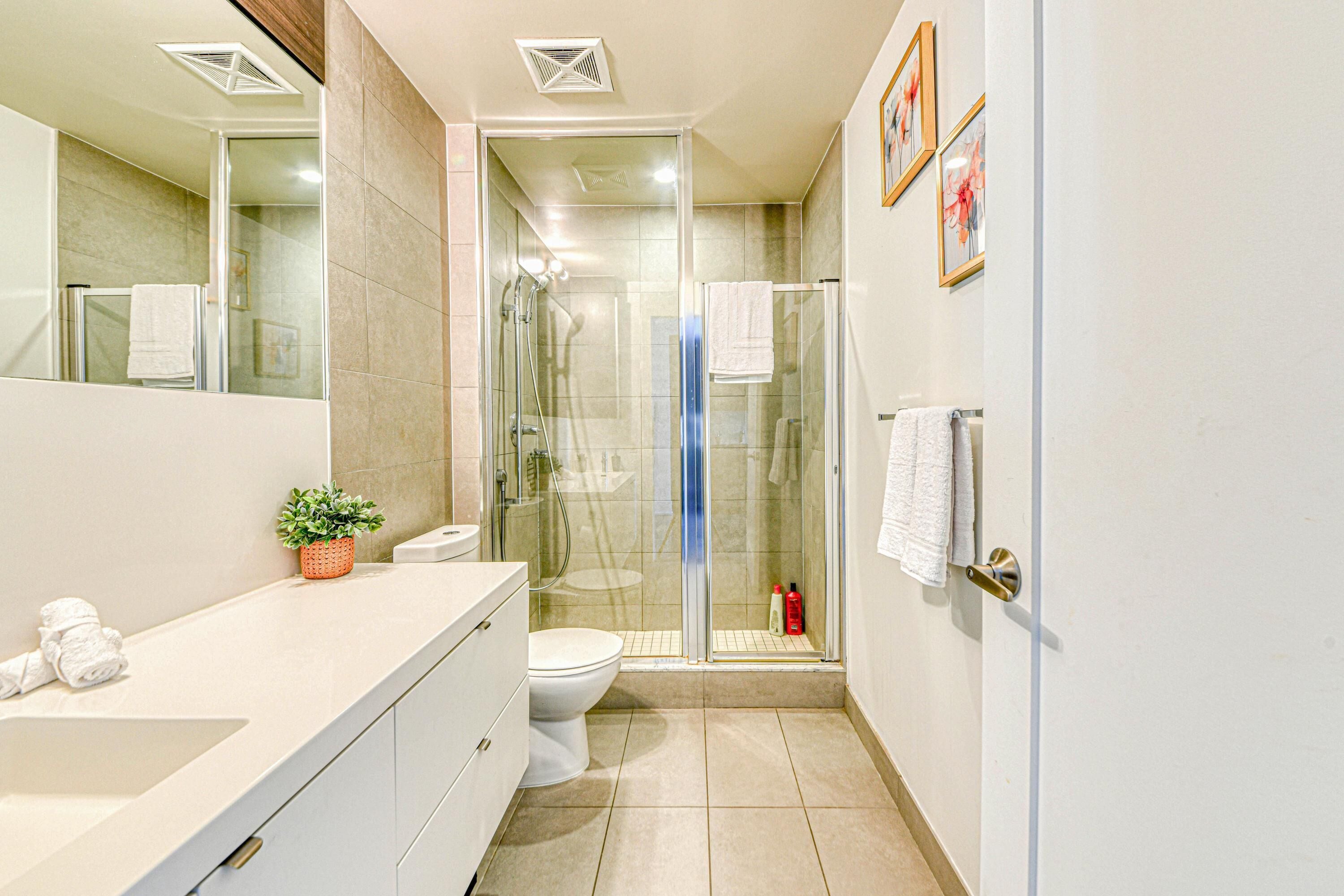 Suite Elite, vista a la ciudad | Baño | Amenidades de baño gratuitas, secadora de cabello, toallas, jabón 