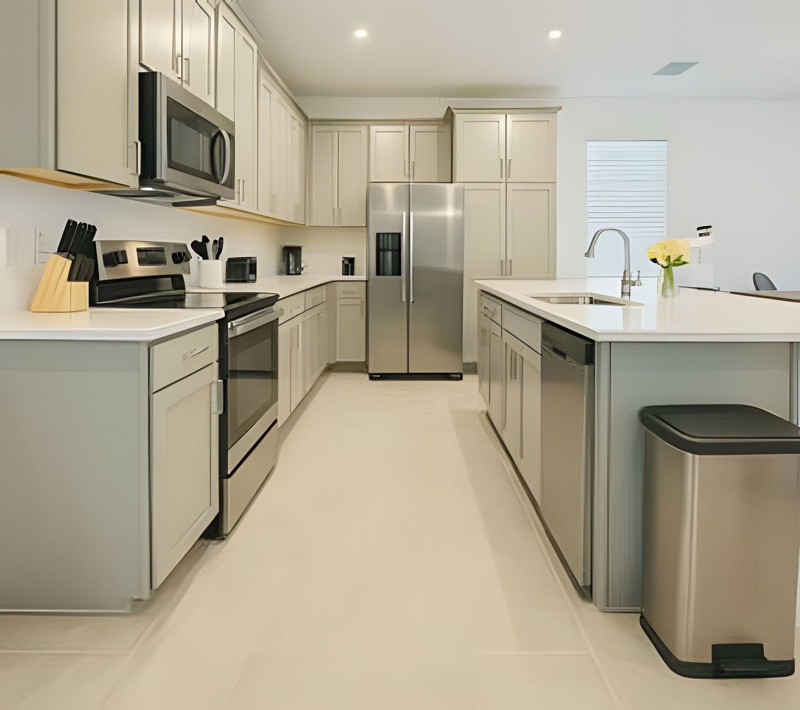 A modern kitchen with stainless steel appliances, white cabinetry, and a central island with a sink and a trash bin.