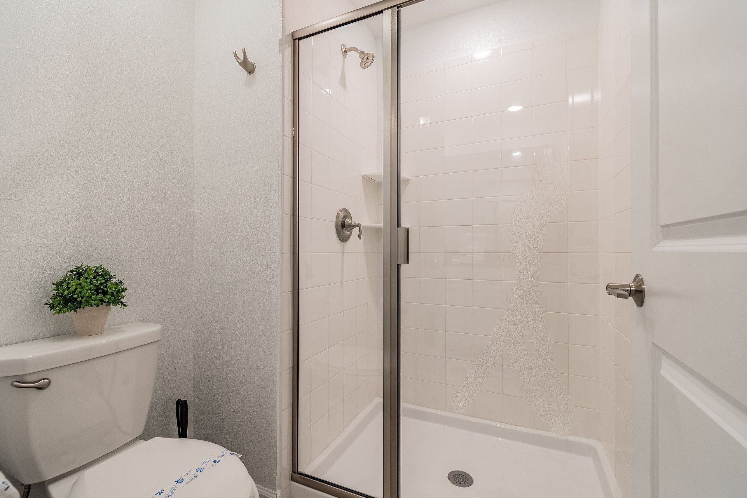 A bathroom with a glass-enclosed shower, a toilet, and a potted plant.
