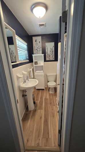 Hair dryer, towels, toilet paper