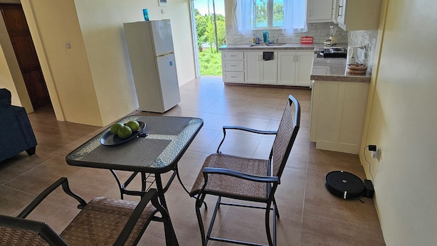 Un espacio habitable amplio con una mesa y sillas de comedor, una cocina con armarios blancos y vistas a zonas verdes.