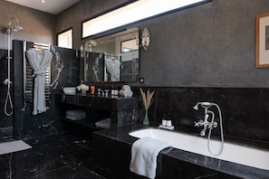 Shower, hair dryer, bidet, towels