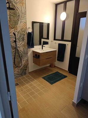 Shower, hair dryer, towels