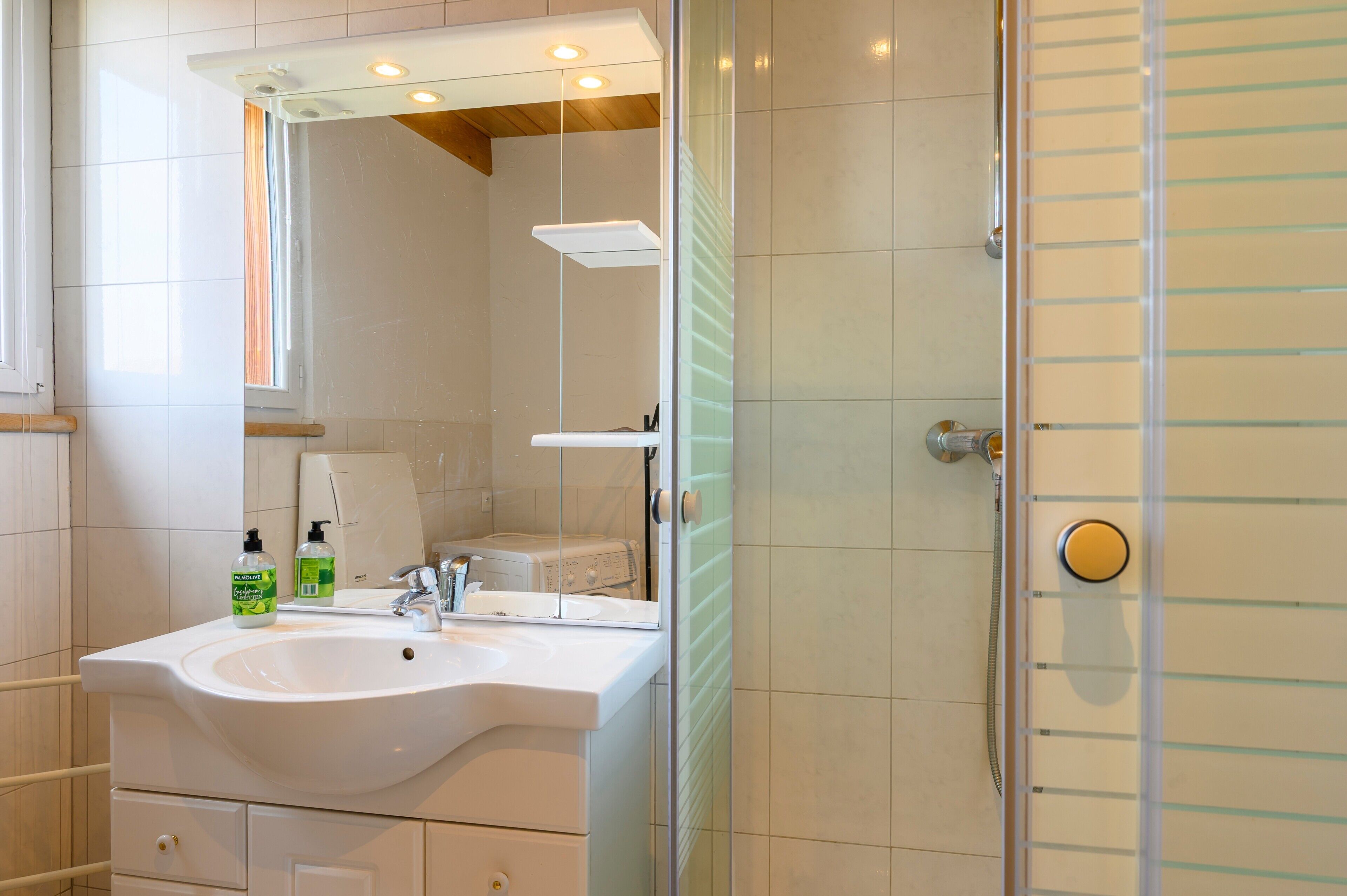 Een badkamer met een wastafel, spiegel en douche.