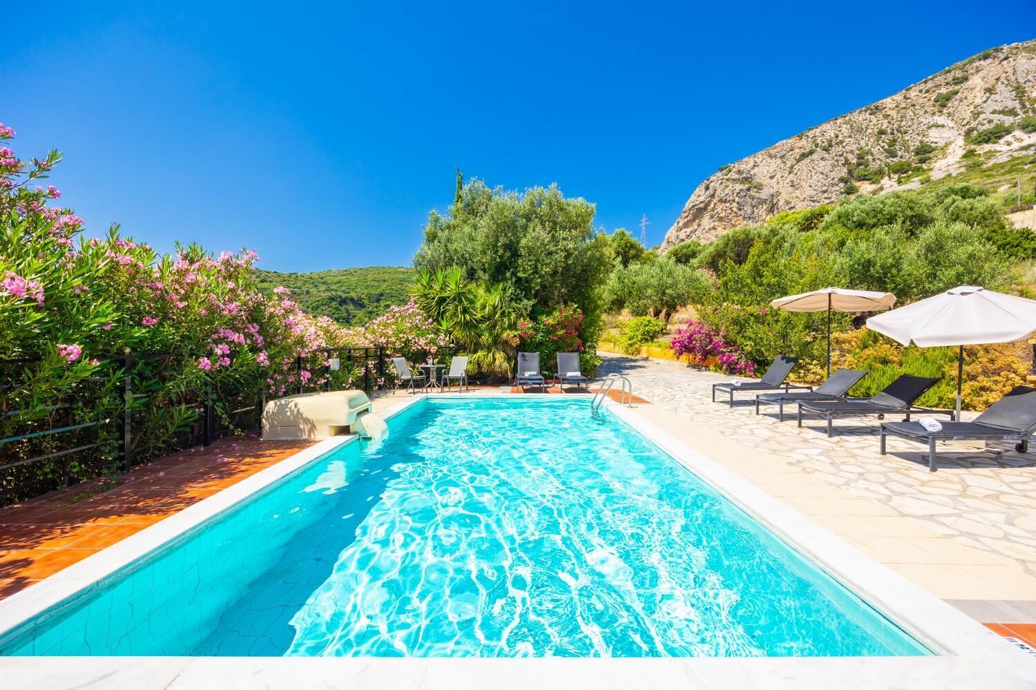 A swimming pool with lounge chairs and umbrellas, surrounded by greenery and a mountainous backdrop.
