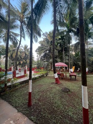 Un jardin tropical agrémenté de palmiers, une piscine et un espace salon extérieur.