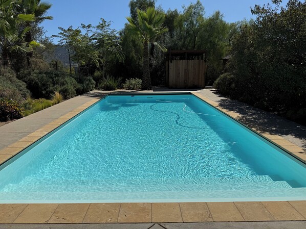 Uma piscina retangular com água azul cristalina, rodeada por um deck ladrilhado e vegetação exuberante.