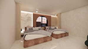 Ein modernes Schlafzimmer mit zwei Betten, einem großen Fenster und einem Deckenventilator.