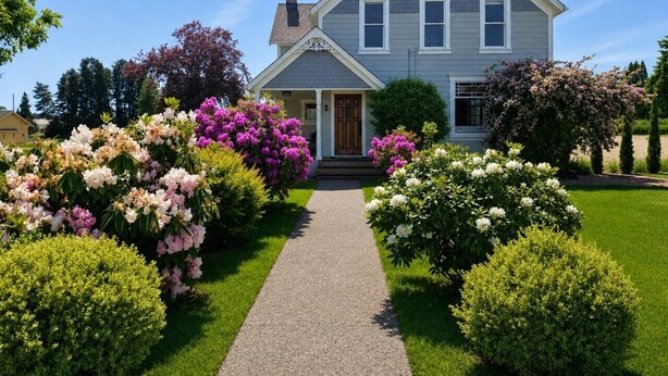 Une maison à deux étages avec un porche à l’avant, un chemin menant à la porte et un jardin bien entretenu agrémenté de diverses plantes à fleurs.