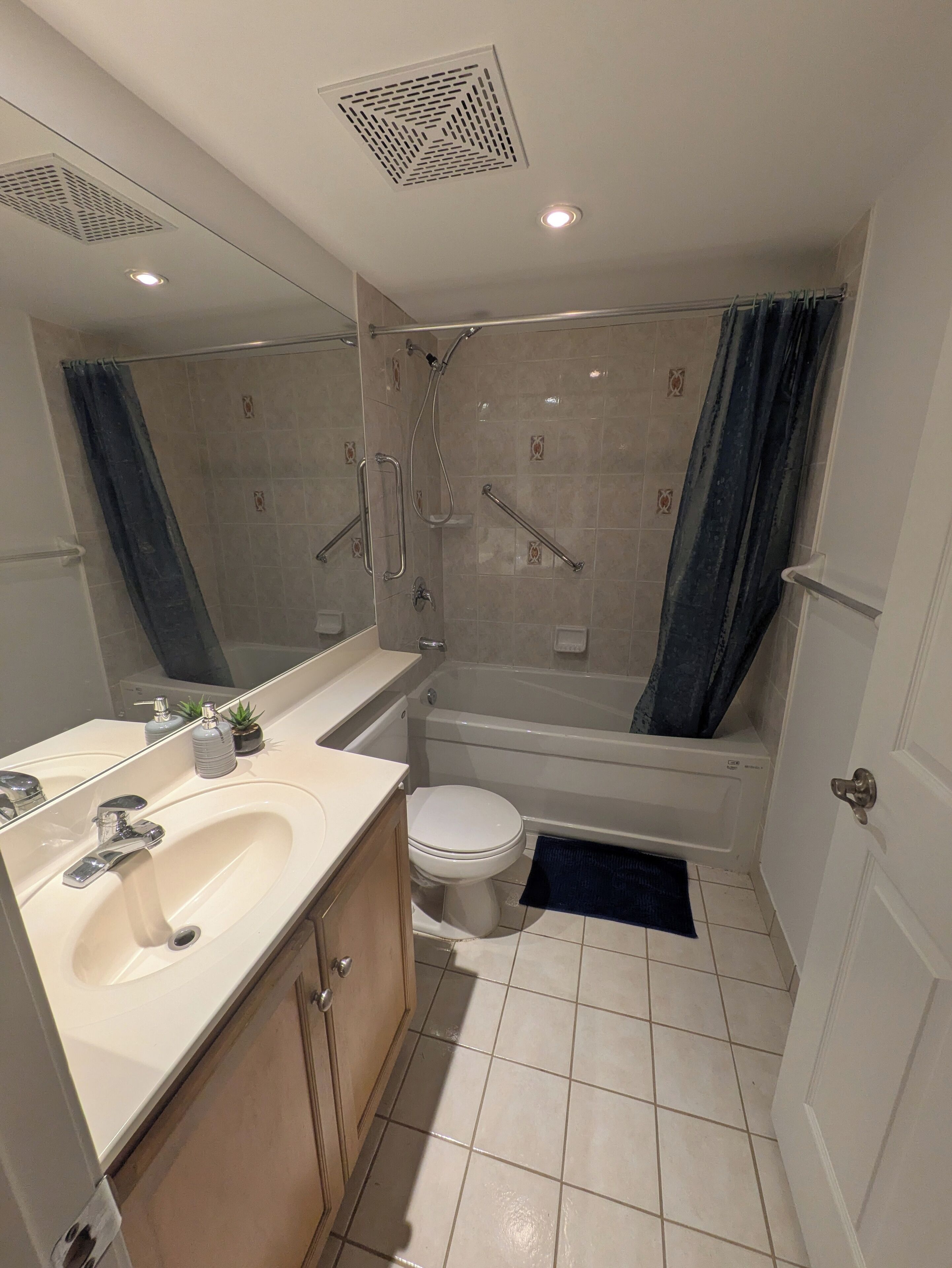 A modern bathroom with a shower, toilet, sink, and mirror.