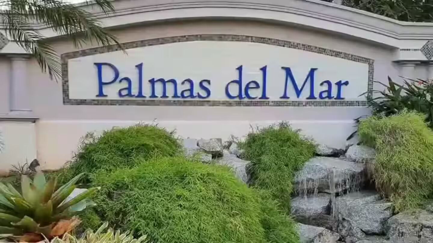A sign reading "Palmas del Mar" with a landscaped area featuring rocks and greenery.