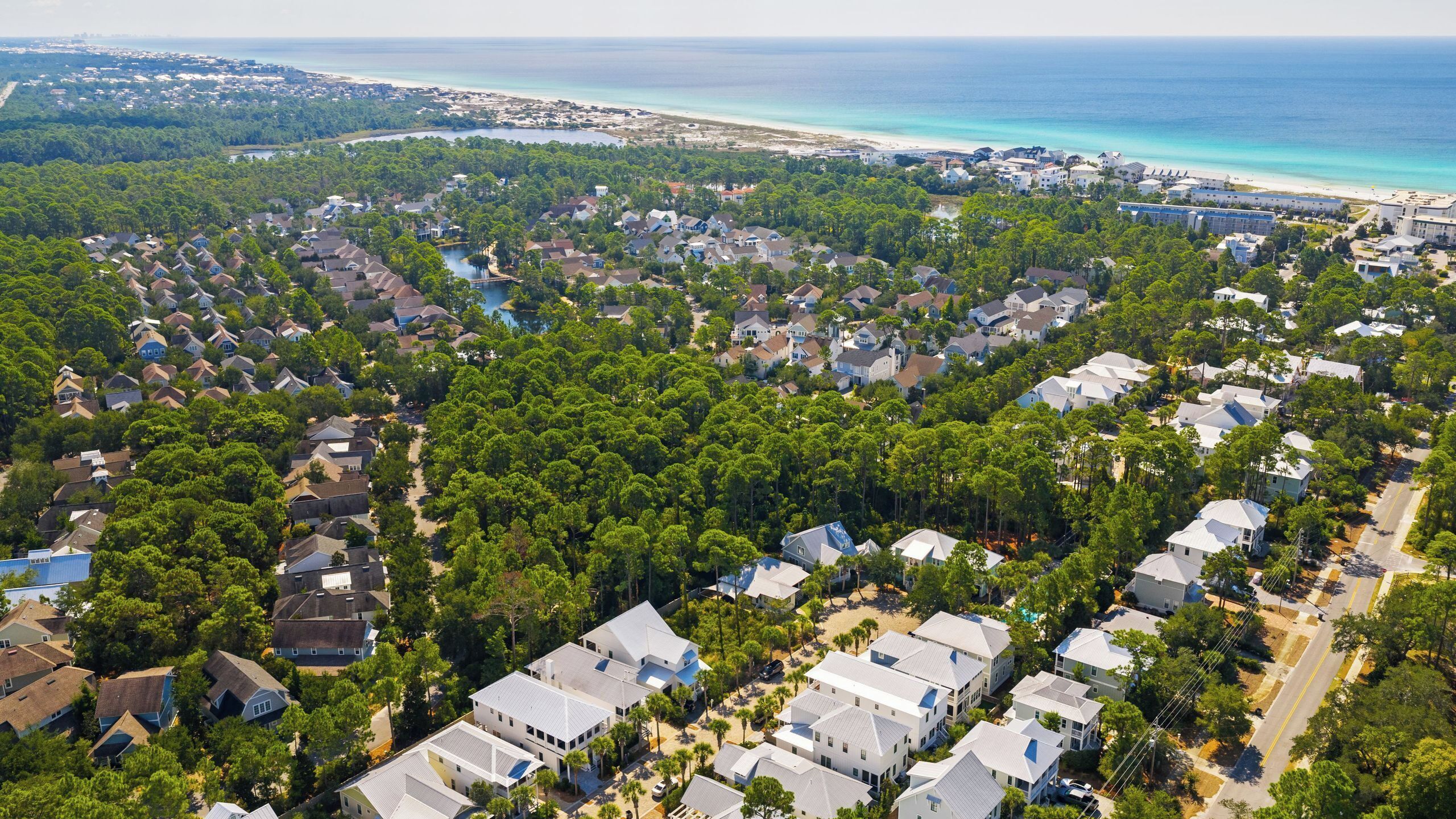 An aerial view of a residential area with houses, dense greenery, and a beach in the background.