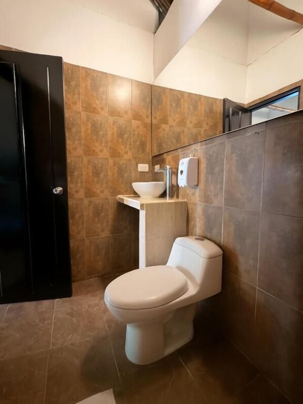 A modern bathroom with a toilet, a sink, and a mirror. - Dreamer Palomino (Palomino)