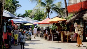 Un mercado al aire libre concurrido, con varios puestos y sombrillas, rodeado de palmeras y edificios.