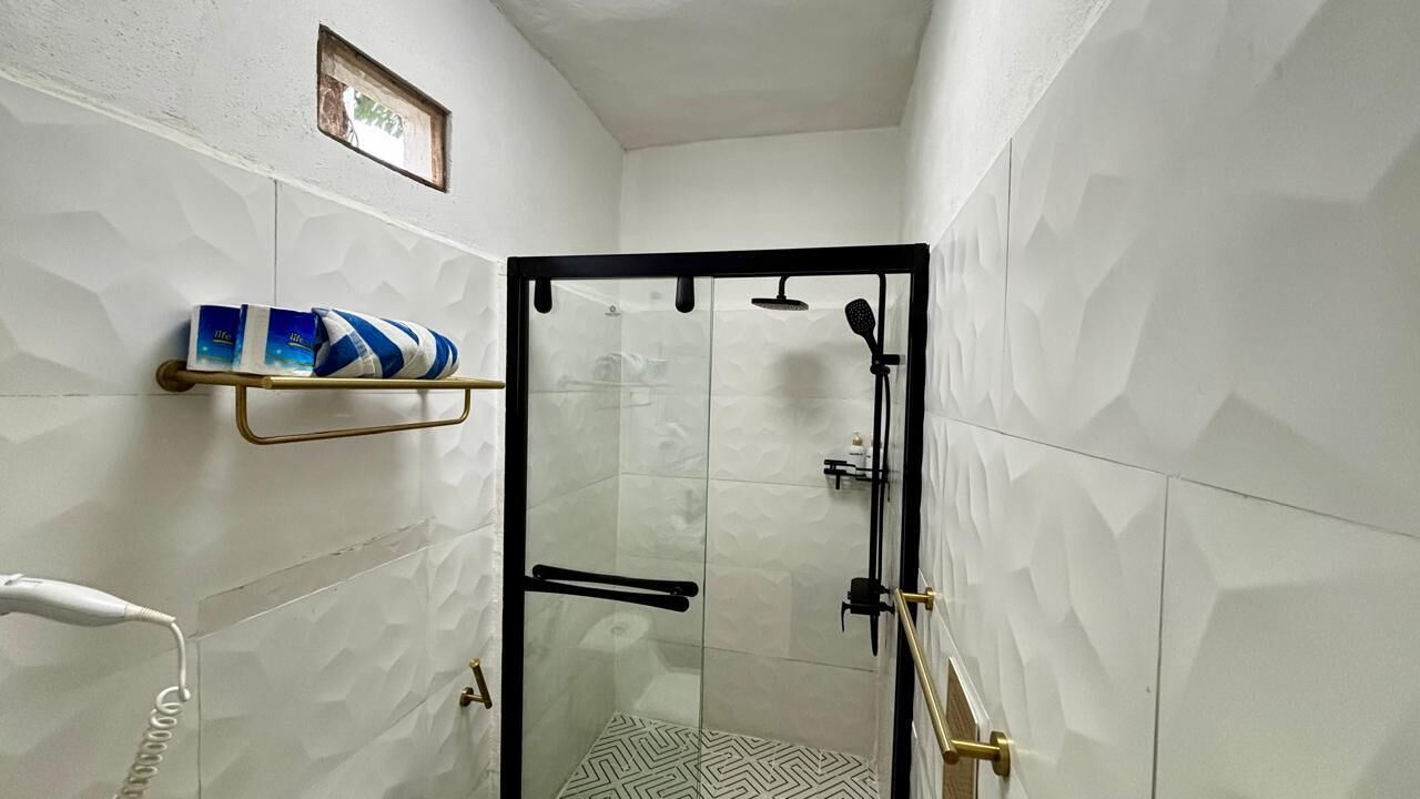 Un espace douche doté d’une porte en verre, d’un porte-serviettes avec une serviette et d’un support à papier toilette.
