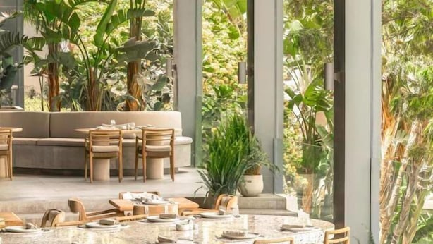 A dining area with round tables and chairs, surrounded by lush tropical plants and large windows. - Dusit Thani LakeView Cairo (New Cairo City)