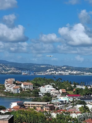 A coastal town with residential buildings, a body of water, and a plane in the sky.