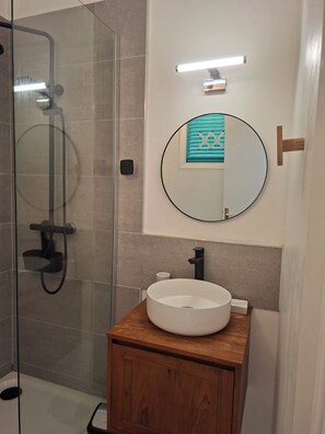 Douche, sèche-cheveux, serviettes fournies, papier toilette