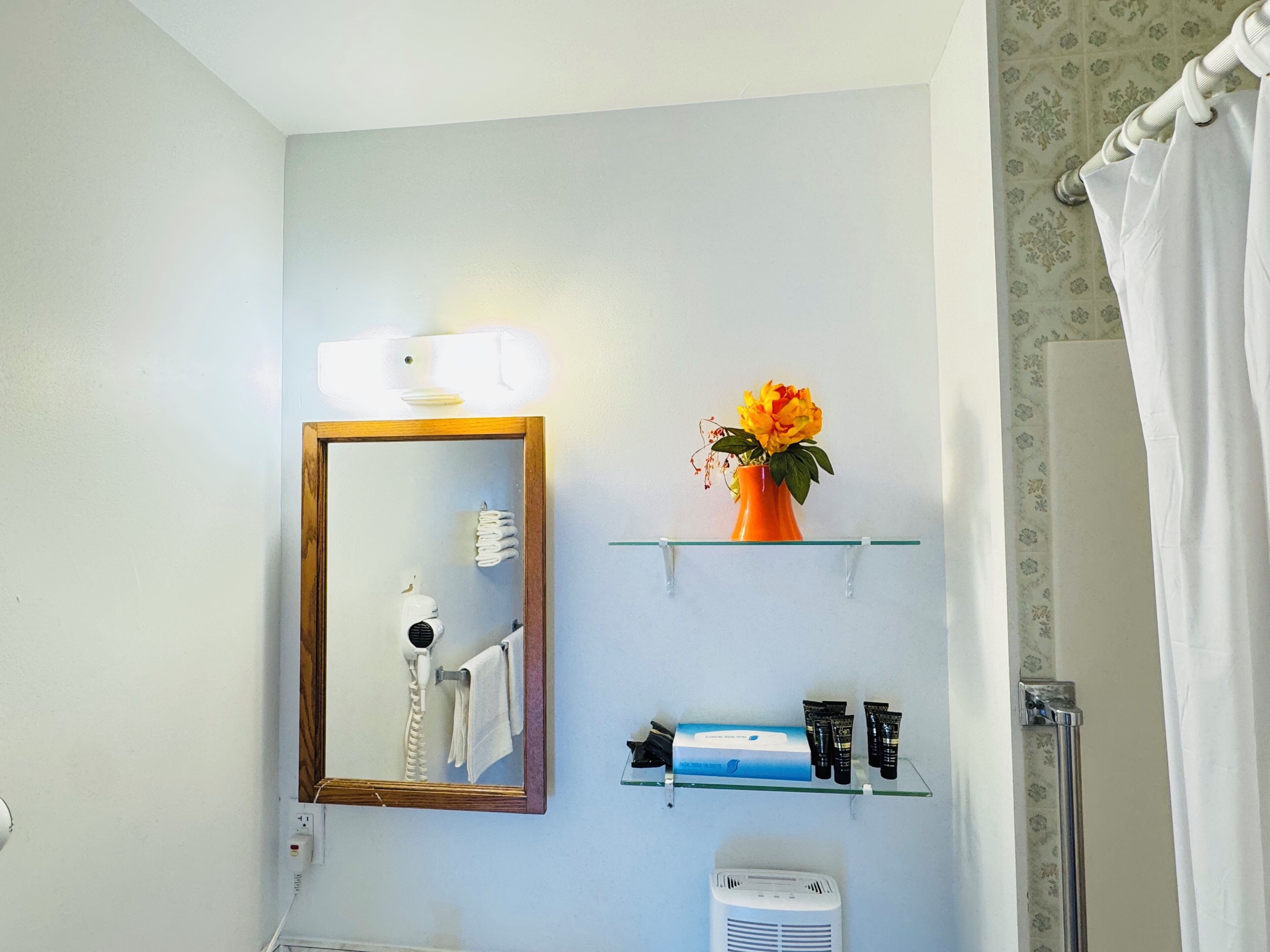 Uma casa de banho com espelho, secador de cabelo, porta-toalhas, prateleira com artigos de higiene e cortina de chuveiro.