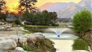 A serene outdoor setting with a water feature, large rocks, and a picnic table. - Beautiful Blossom Creek Suite (Three Rivers)