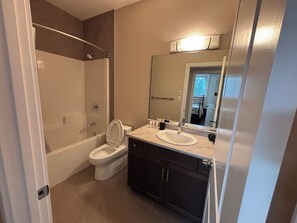 Hair dryer, towels, soap, toilet paper