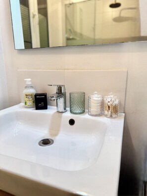 Shower, hair dryer, towels