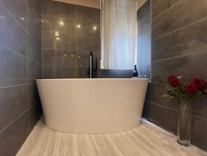 Shower, hair dryer, bidet, towels