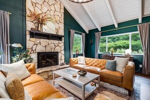 Smart TV, fireplace, books, computer monitors