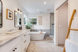 Shower, hair dryer, shampoo