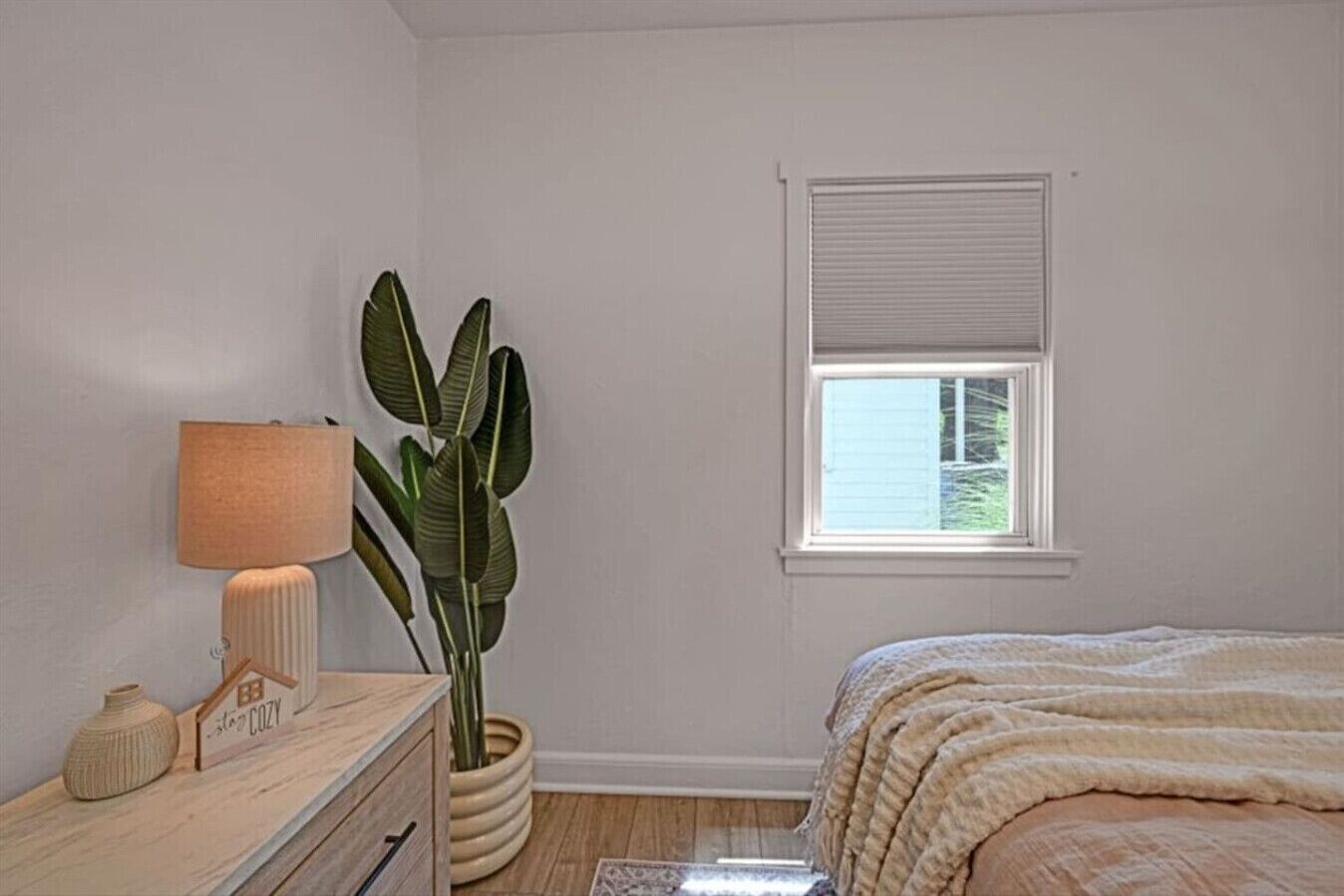 A bedroom with a bed, a bedside table with a lamp, a potted plant, and a window.