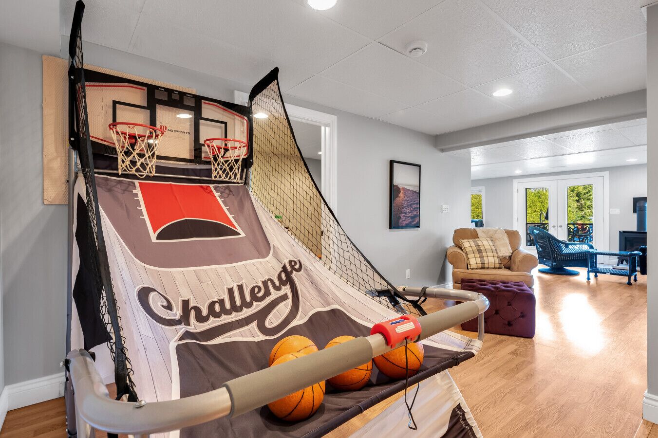 A basketball court with a net, two basketball hoops, and a slide. There is a couch and a chair in the background.