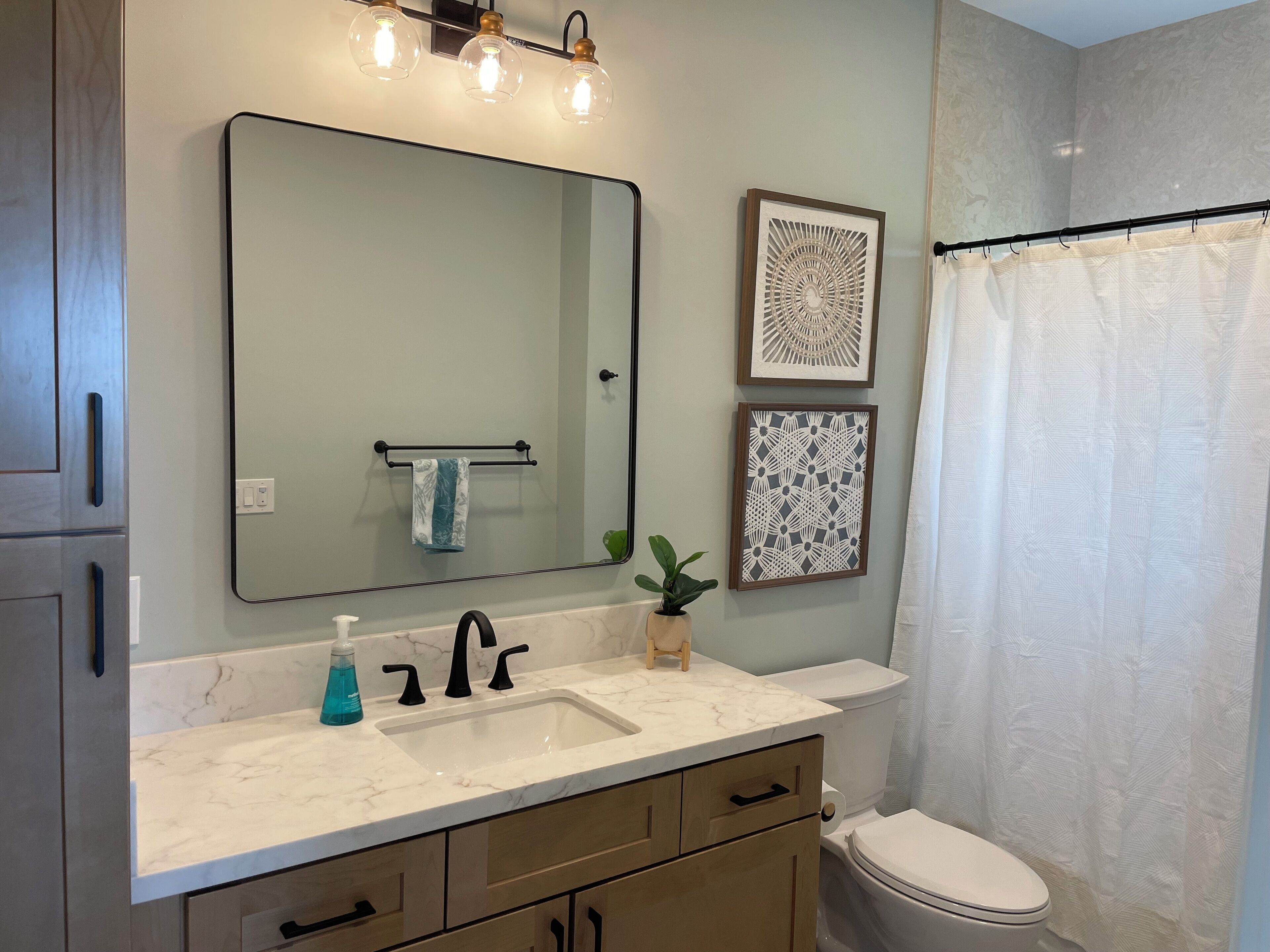 Hair dryer, towels, toilet paper