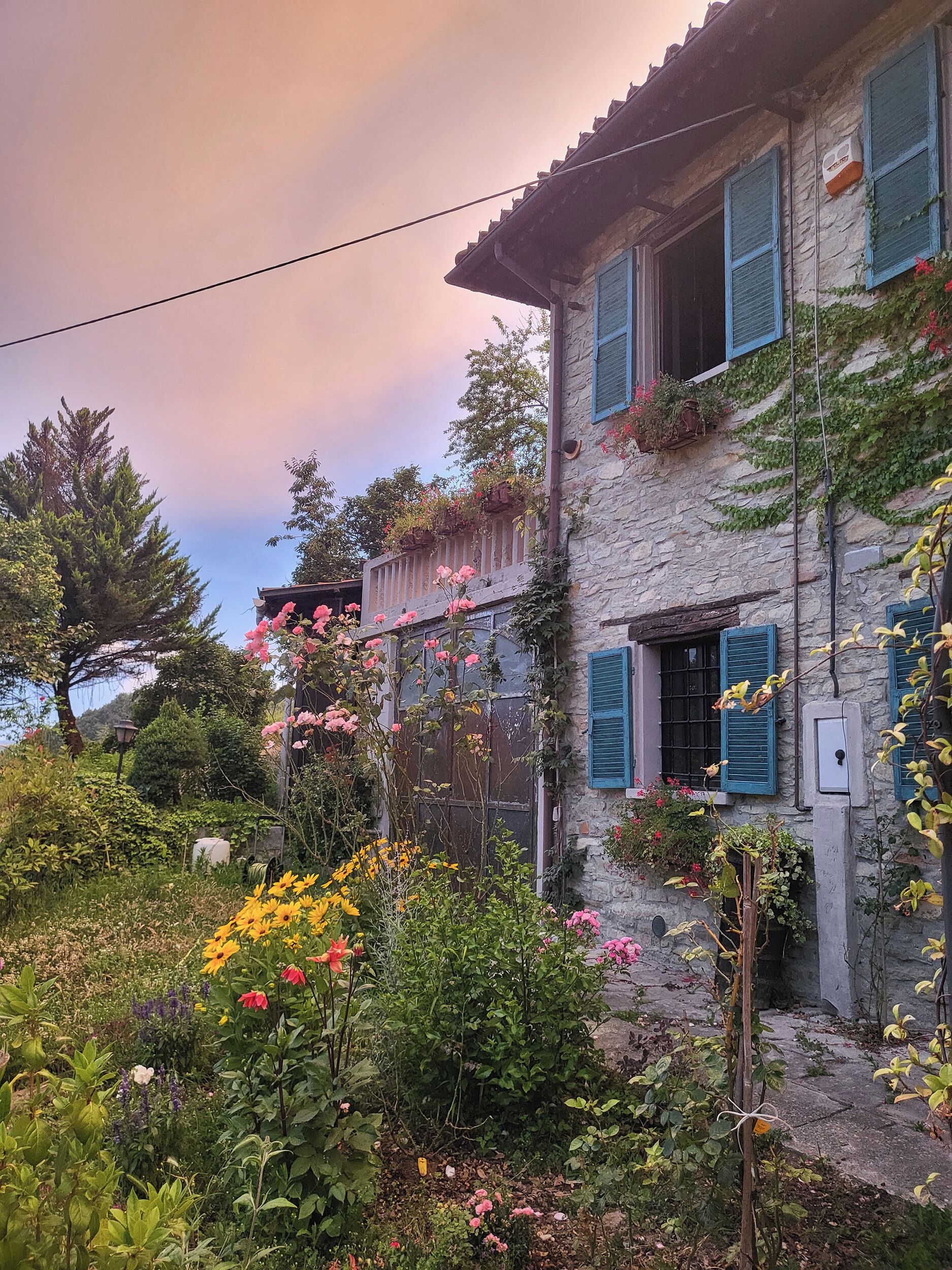 Ein Steinhaus mit blauen Fensterläden, umgeben von einem Garten mit verschiedenen Blumen und Pflanzen.