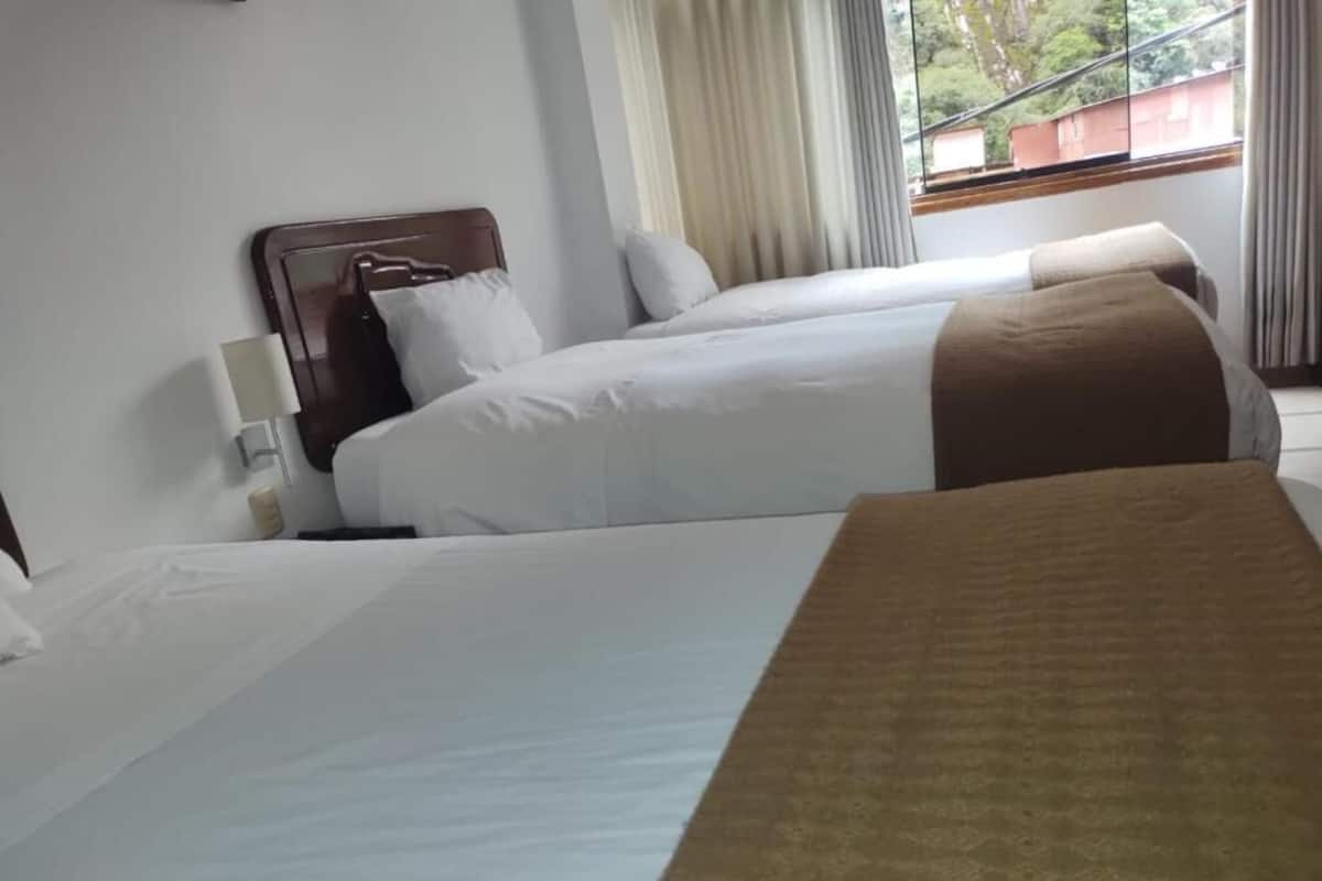 A hotel room with two beds, a nightstand, a lamp, and a view of greenery outside.
