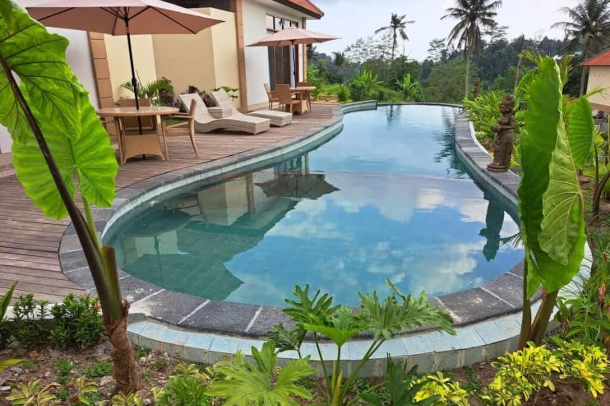 Ein Schwimmbecken mit Holzterrasse, Liegestühlen und einem tropischen Garten.
