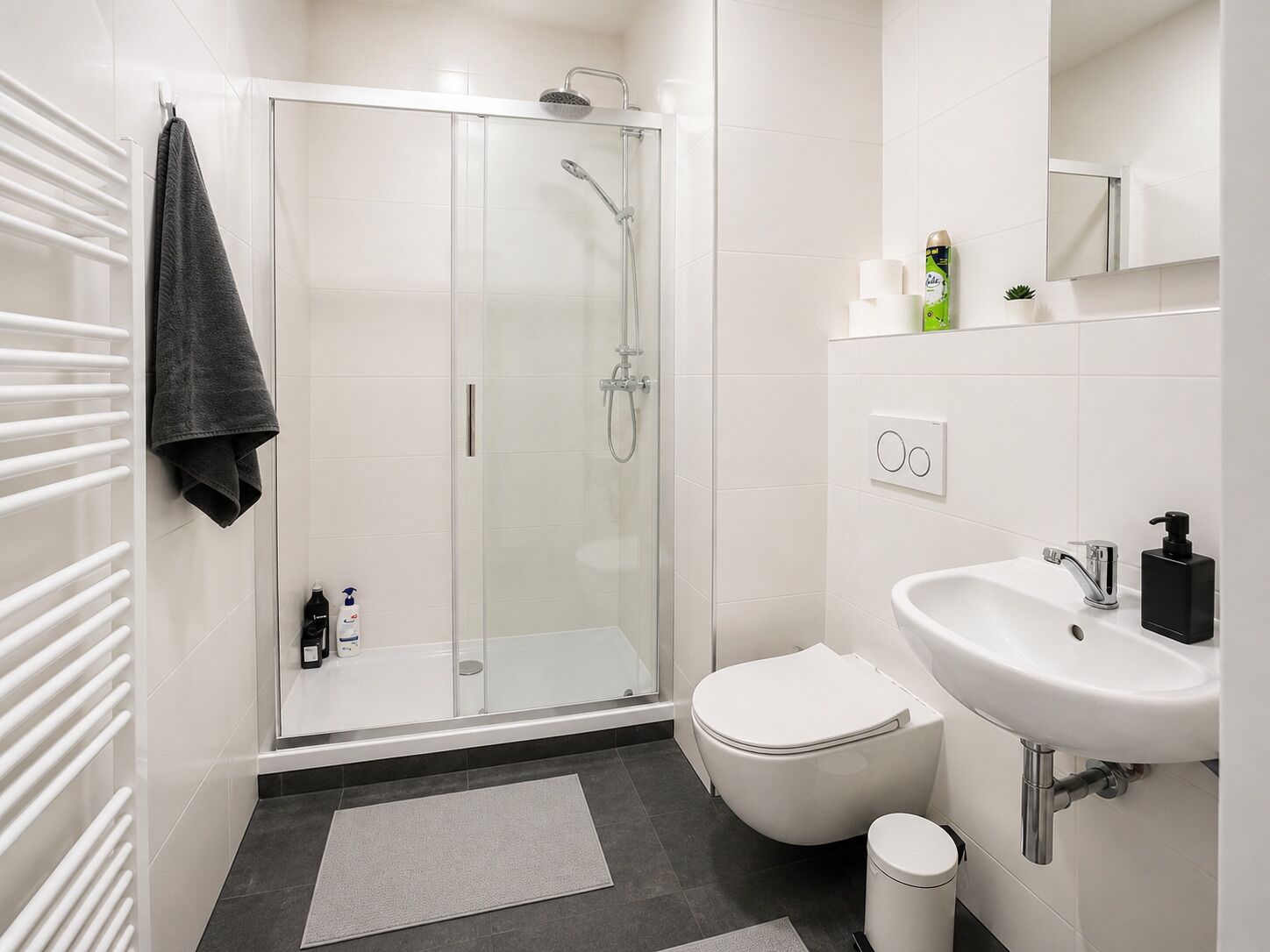 Un bany modern amb plat de dutxa de vidre, un vàter blanc, un lavabo amb mirall i una barra de tovalloles.